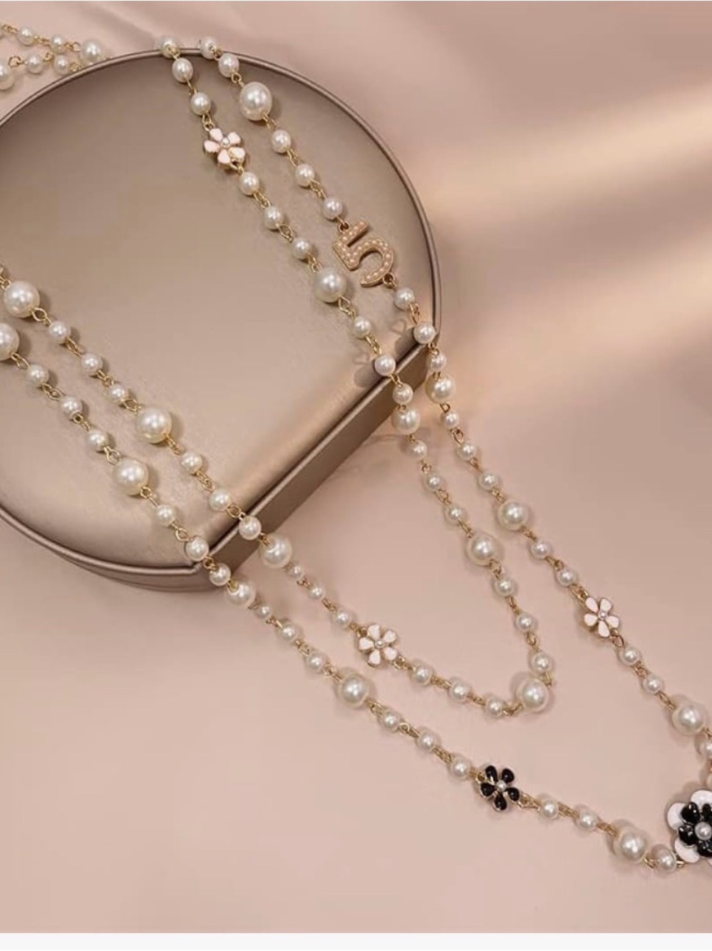 Elegant Pearl Long Necklace with Flower Accents - Cream - Picture 3 of 5